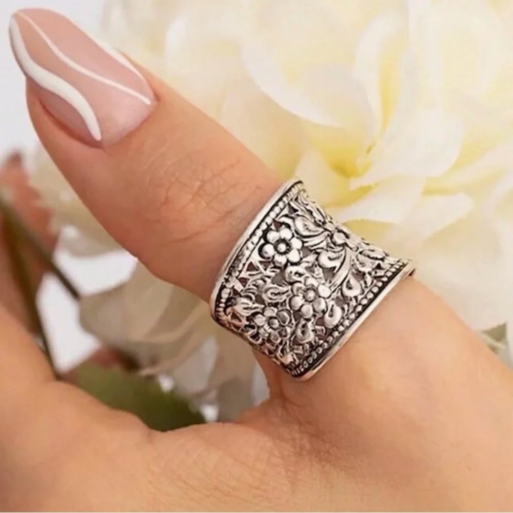Silver- Tone Floral Wide Band Thumb Ring Adjustable Boho Vintage Style Statement - Picture 6 of 11